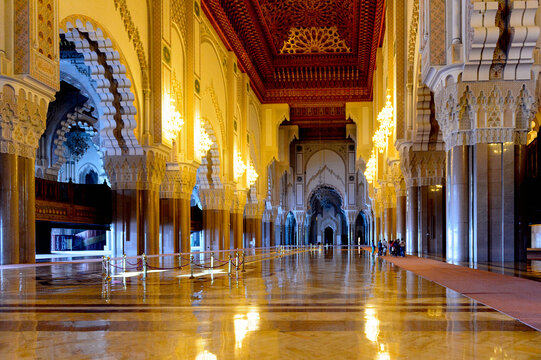 CASABLANCA, MOROCCO - SEP 1, 2015: Interior of Hassan II Mosque or Grande Mosquee Hassan II. It is the largest mosque in Morocco and the 13th largest in the world.