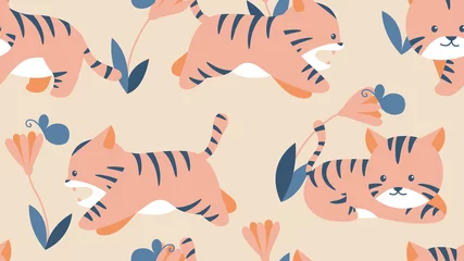 Foto op Plexiglas anti-reflex Animal seamless pattern, cute tigers with flowers and leaves © momosama