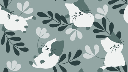 Animal seamless pattern, cute cats with flowers and leaves