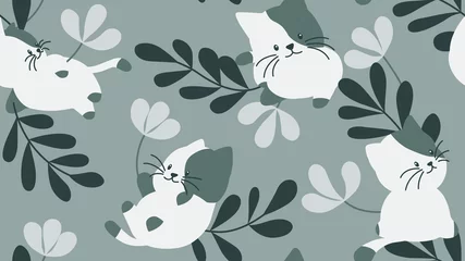 Rolgordijnen Animal seamless pattern, cute cats with flowers and leaves © momosama