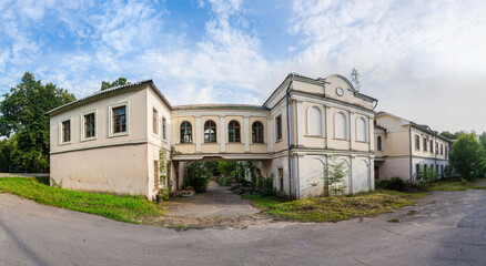 A beautiful old building remains in ruins in Russia.Panorama of the old ruined building. - obrazy, fototapety, plakaty