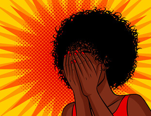 Color vector illustration in comic pop art style. The dark skinned woman covered her face with her hands. African American woman is afraid. Woman in a panic. Black woman scared and upset