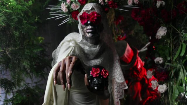 Fabulous stylization of Santa Muerte - Holy Death - modern religious cult. Concept Art fairy tale 4K footage.