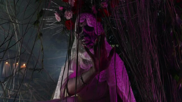 Fabulous stylization of Santa Muerte - Holy Death - modern religious cult. Concept Art fairy tale 4K Footage.