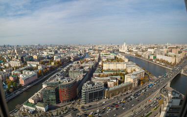 Panorama of Moscow. Panorama of the city on the houses, the river, the embankment and the road.
