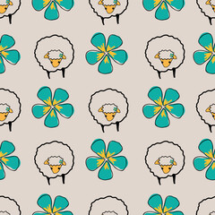 Sheeps and flowers on cream background background, seamless vector patternsurface design