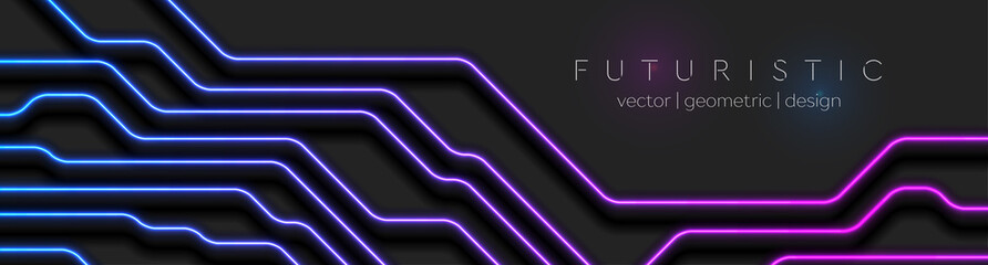 Glowing blue purple neon circuit board lines abstract banner design. Technology vector background © saicle