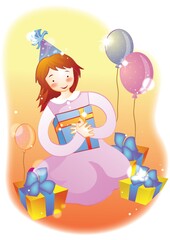 girl with gifts and balloons