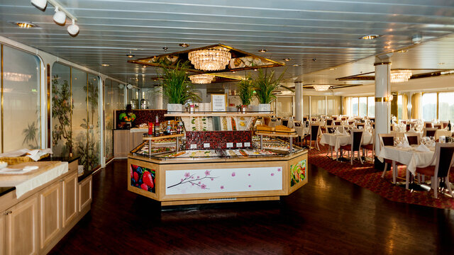 TALLINN, ESTONIA - SEP 7, 2014: Restaurant at the Cruiseferry of the Estonian company Tallink. It is one of the largest passenger and cargo shipping companies in the Baltic Sea region