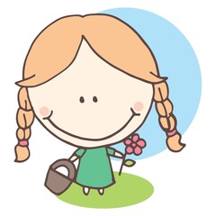 girl holding bucket and flower