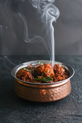 Top view of crispy Andhra chicken fry or chicken 65 hot and spicy deep fried non vegetarian...