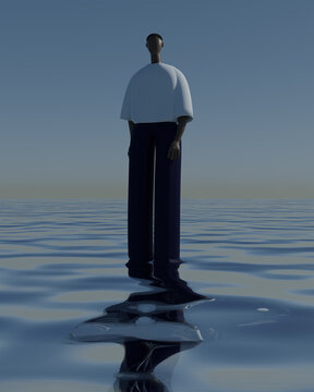 Illustration of man standing on beach during sunset
