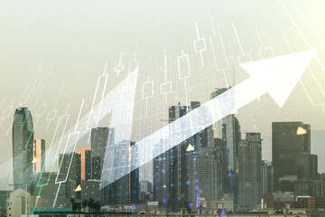Fototapeta na wymiar Multi exposure of abstract financial diagram and upward arrow on Los Angeles office buildings background, rise and breakthrough concept