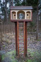 Bird house. Two bird houses in the woods. In the forest, a bird house with a ladder and a roof.