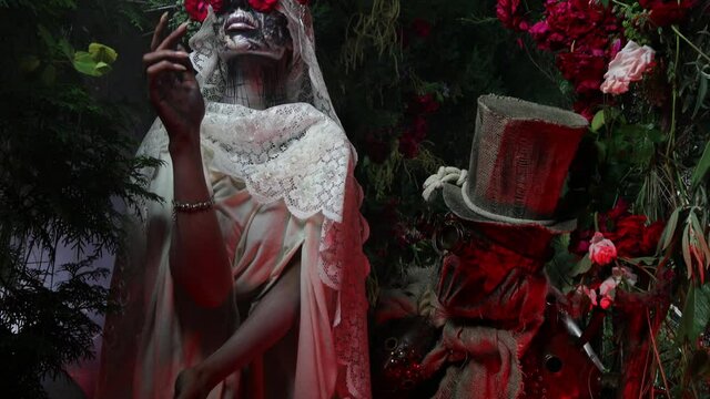 Fabulous stylization of Santa Muerte - Holy Death - modern religious cult. Concept Art fairy tale 4K footage.