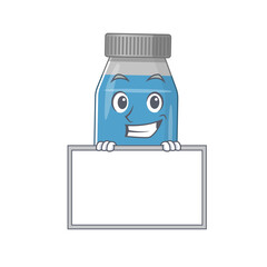 Funny cartoon design style syrup medicine standing behind a board