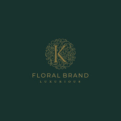 Letter K Circle Floral Botanical Leaf Logo Design