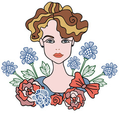 Vector Art deco lady with stylized flower arrangement placement print