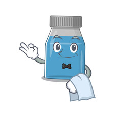 A Caricature design style of syrup medicine as a waiter with a white napkin