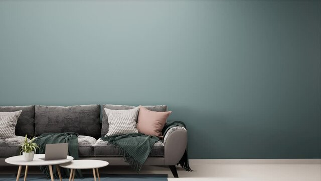 modern living room interior design with grey green wall and white floor, pan right shot  video 4k 3d animation	