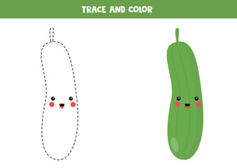 Tracing worksheet for preschoolers. Cute kawaii cucumber.