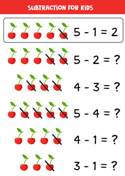Subtraction with cute cartoon cherries. Math game.