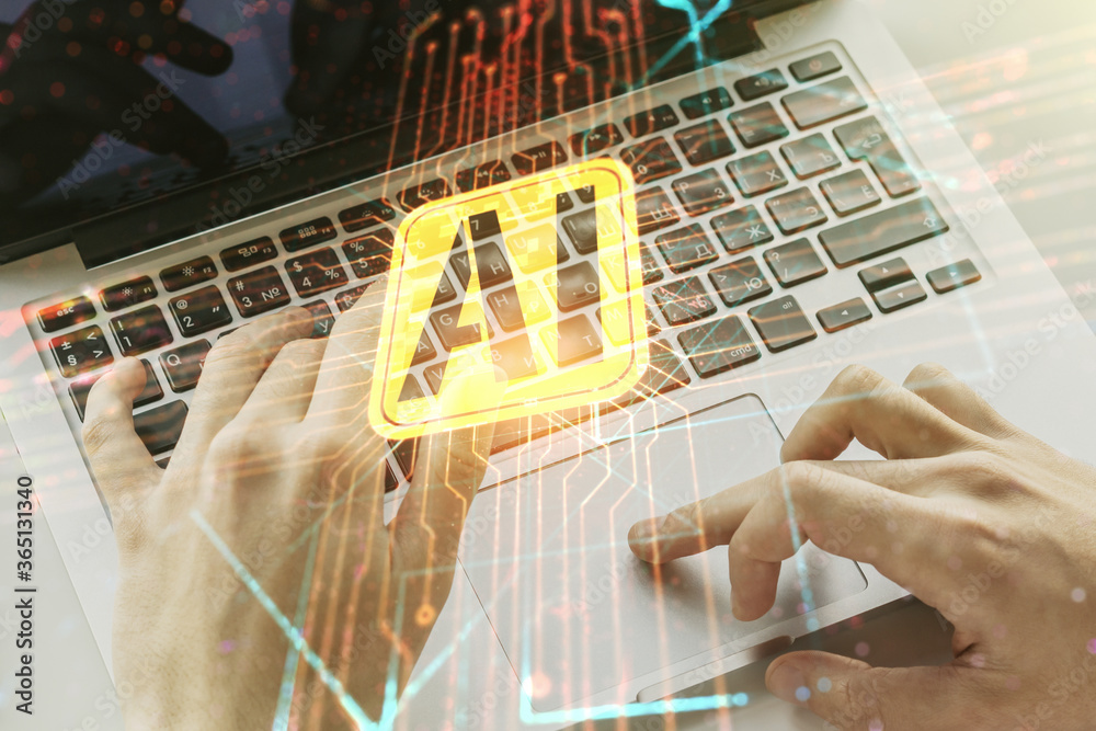 Poster double exposure of creative artificial intelligence icon with hands typing on laptop on background. 