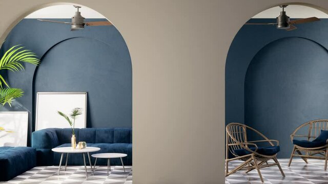 modern room interior with beige and grey blue wall. contemporary cafe concept, pan left shot, video 4k 3d animation
