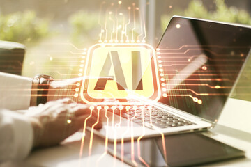 Creative artificial Intelligence symbol concept with hands typing on laptop on background. Multiexposure