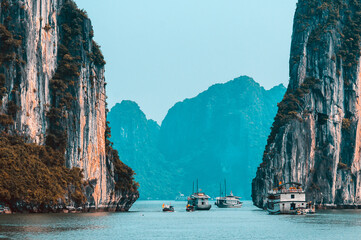 Rock islands near floating village in Halong Bay. Beautiful sea landscape in Ha Long Bay Vietnam