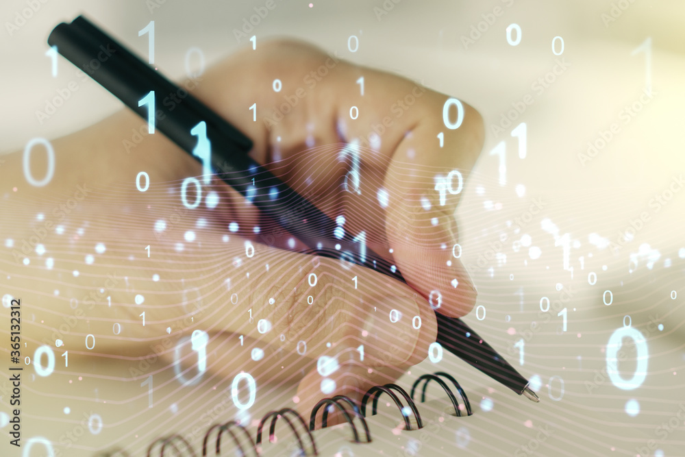 Poster creative abstract binary code hologram and man hand writing in diary on background, ai and machine l