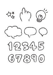 ラフでかわいいタッチの手書き風イラストです。ポイントに使えるシンプルで使いやすい数字や吹き出し、指と電球など。