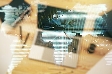 Abstract creative digital world map on modern computer background, globalization concept. Multiexposure