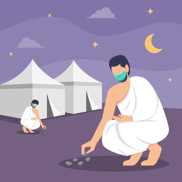 Hajj islamic pilgrimage ritual guide during pandemic covid-19. Flat style vector illustration of muslim characters collecting pebbles at muzdalifah while wearing mask to prevent corona virus spread.