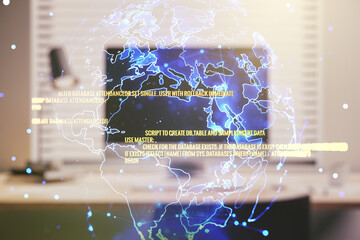 Multi exposure of abstract software development hologram with world map on laptop background, global research and analytics concept