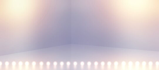 Bright light bulbs lie on floor in empty room. Pastel lilac smooth walls lit with soft golden light. Gala interior 3d background.