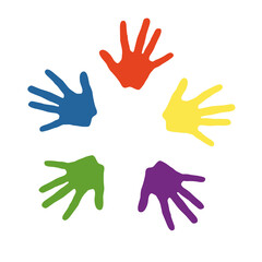 Colored children s hands, hand prints, background, for advertising art studios, early development of children, vector illustration