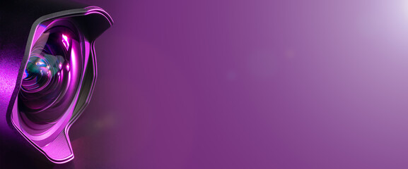 Banner. The camera lens with purple backlight. Close-up of the camera lens on a purple background. Optics.