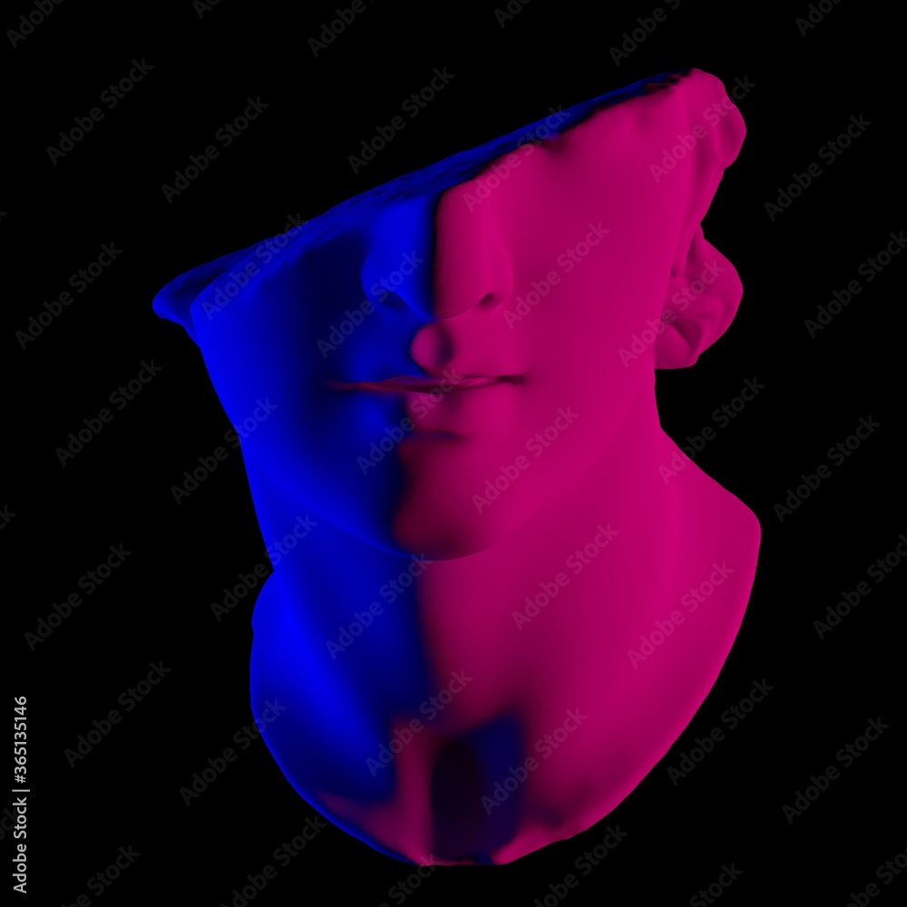 Poster 3d rendering of fragmentary colossal head of a youth sculpture in acid neon luminescent blue and pin
