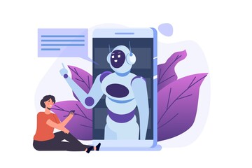 Chatbot concept. Man talking to robot. Customer support service android,  artificial intelligence dialog .