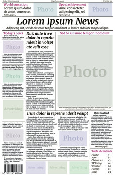 Newspaper template. Vector EPS10 layout of the first page. Title, columns, place for photography. Lorem Ipsum text for info fields. Template for business site, newsletters. Daily newspapers design.