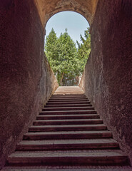 arched alley stairway to green trees under blue sky, Rome Italy