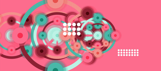 Flat style geometric abstract background, round dots or circle connections on color background. Technology network concept.