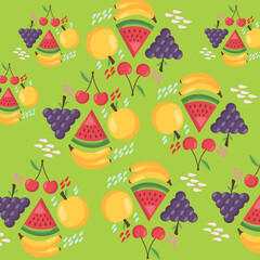 Seamless pattern tropical mix fruits (Watermelon ,Cherry ,Orange ,Lemon ,Banana ,Grapefruit) pattern on white background design for backdrop ,wallpaper ,poster ,postcard and cover book.Summer concept.