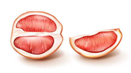 Half and slice of red grapefruit isolated on white background. Vector realistic illustration of pink citrus, parts of fresh ripe orange. Summer tropical juicy fruits