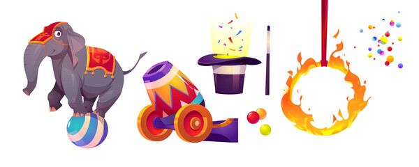 Circus icons with elephant standing on ball, fire ring, cannon, hat and magic wand. Vector cartoon set of circus performance elements isolated on white background © klyaksun