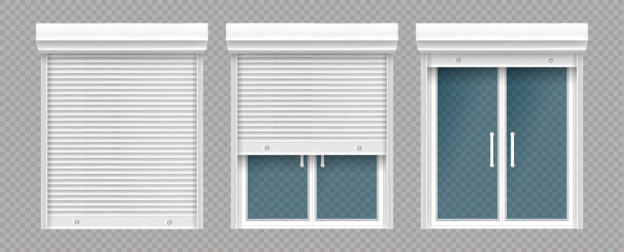Plastic window with rolling shutter isolated on transparent background. Vector realistic set of closed and open roller up for glass window, white blind for office or shopfront