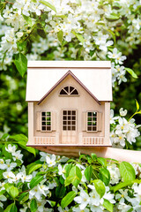 The girl holds the house symbol against the background of blossoming appletree
