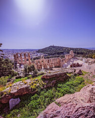 Athens Greece, Herodium ancient open theater under acropolis and panoramic view of the city