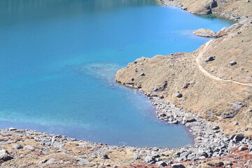blue lake on the mountqains of nepal